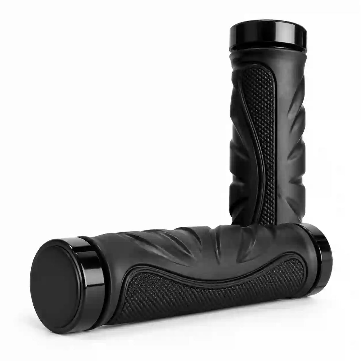Black motorcycle-style handlebar grips on a clean white background.