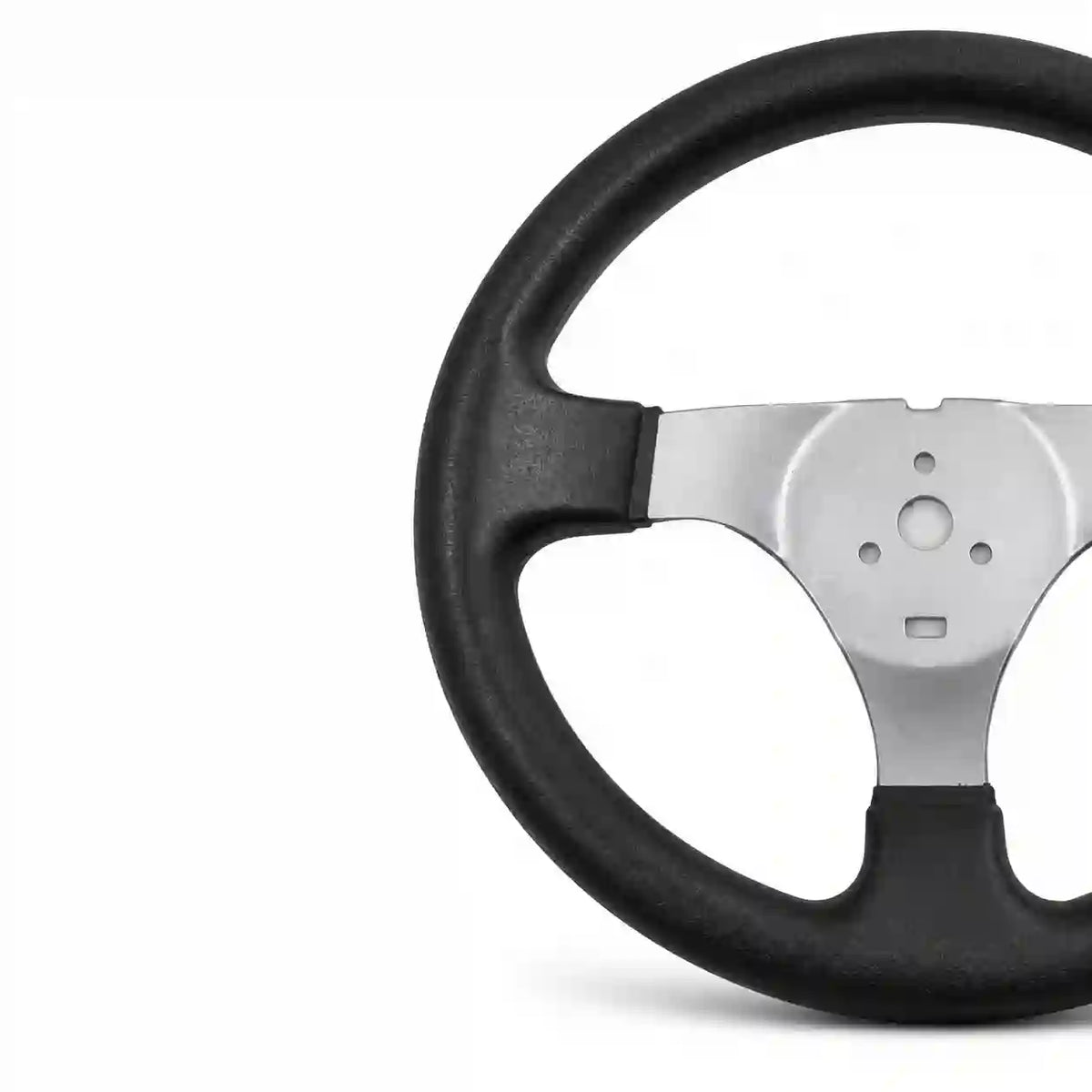 Black steering wheel on a clean white background.
