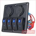 4 Gang Rocker Switch Panel w/ USB Charger and Cigarette lighter - Helmetkarts