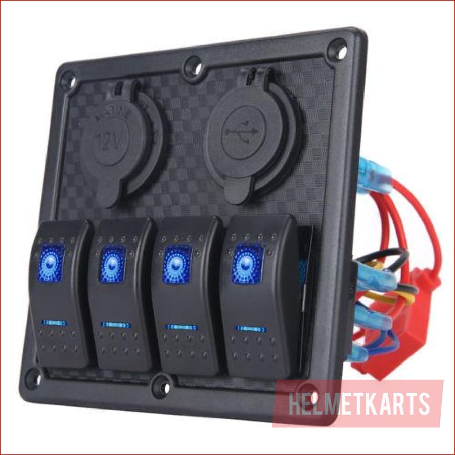 4 Gang Rocker Switch Panel w/ USB Charger and Cigarette lighter - Helmetkarts
