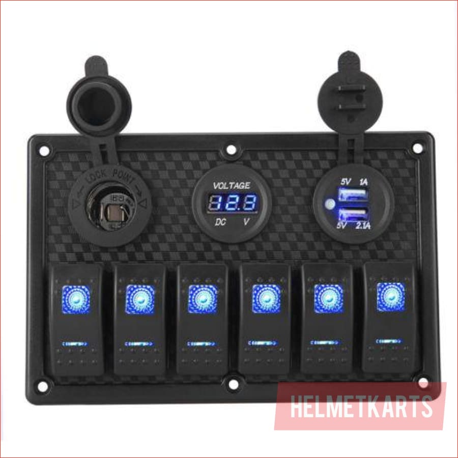6 Gang Rocker Switch Panel w/ USB charger and Cigarette lighter - Helmetkarts