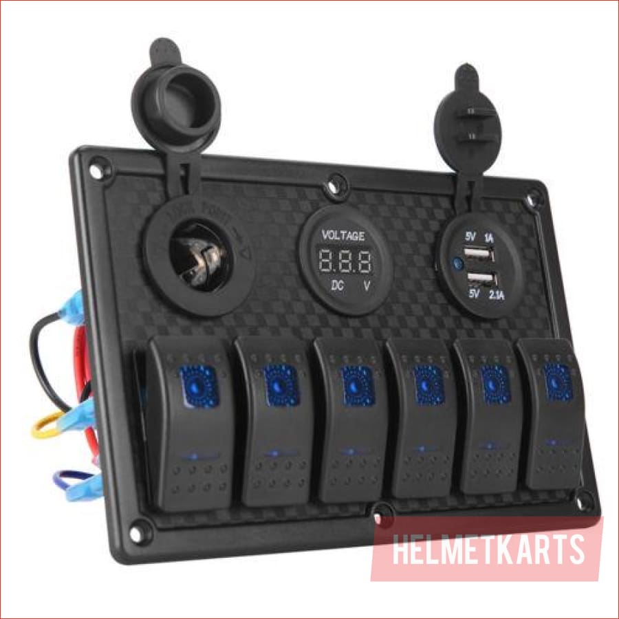 6 Gang Rocker Switch Panel w/ USB charger and Cigarette lighter - Helmetkarts