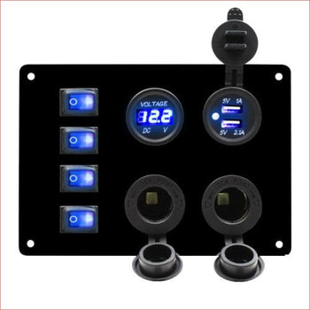 4 Gang Rocker Switch Panel w/ USB Charger and Cigarette lighter - Helmetkarts