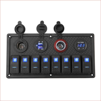 8 Gang Rocker Switch Panel w/ USB charger and Cigarette Lighter Socket - Helmetkarts